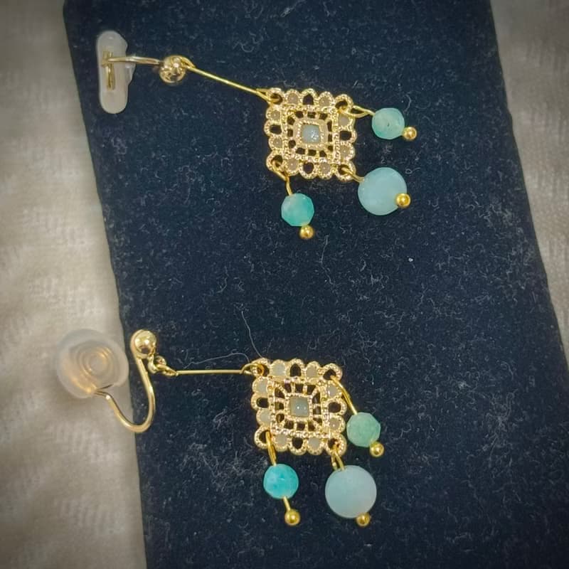 水晶系列 - 天河石與花紋耳夾