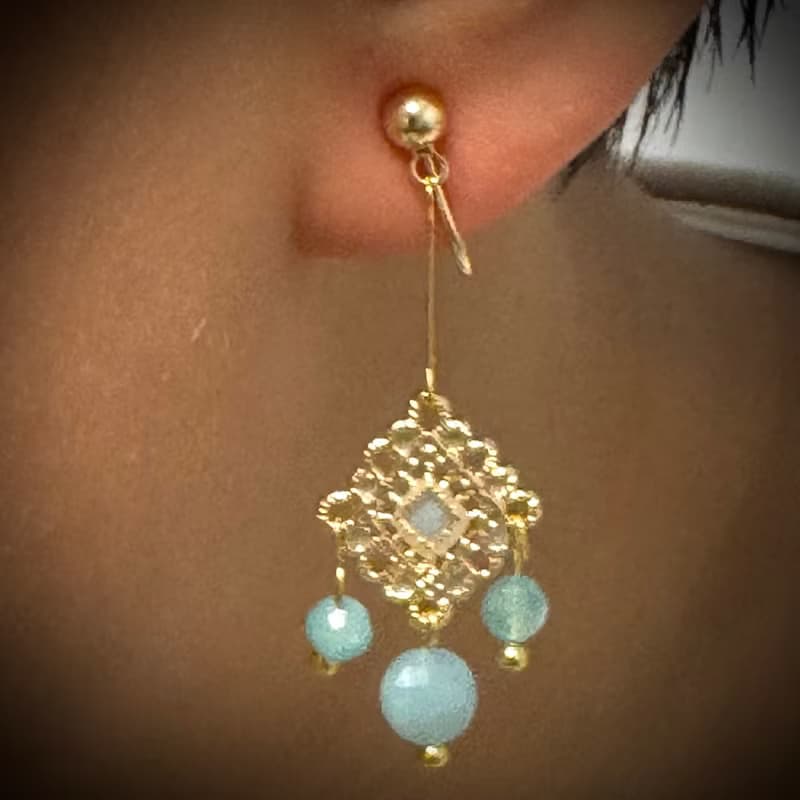 水晶系列 - 天河石與花紋耳夾