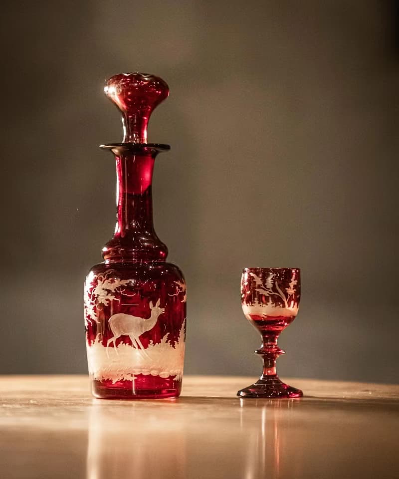 波希米亞捷克蝕刻紅寶石色小酒杯