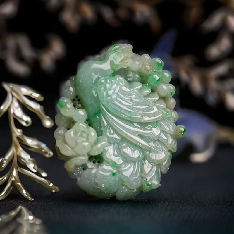 飄陽綠翡翠巧雕鳳穿牡丹 | 天然緬甸玉翡翠A貨 | 送禮