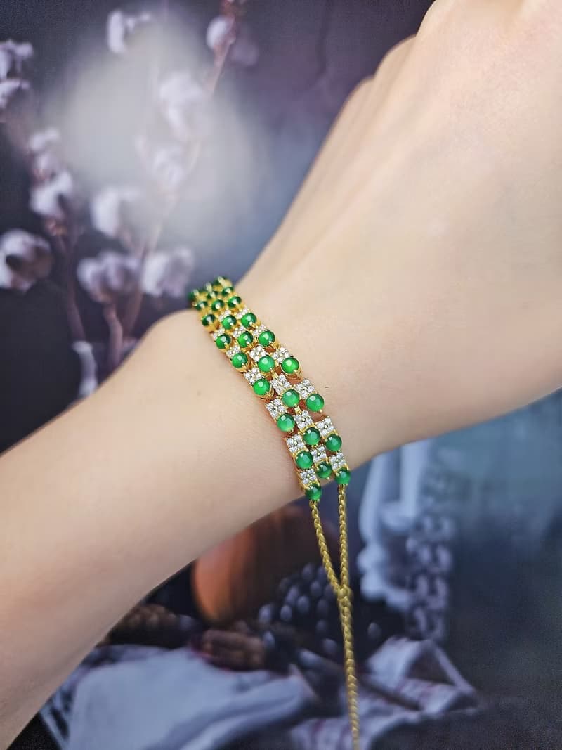 招財|貴氣陽綠|A貨翡翠冰玻陽綠放光蛋面純銀多顆三排豪鑲手鏈