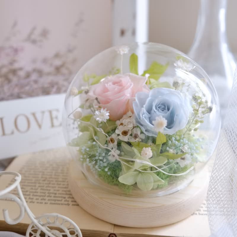 玻璃鐘罩/永生花夜燈/乾燥花/不凋花/粉紅色/粉藍/春天/生日