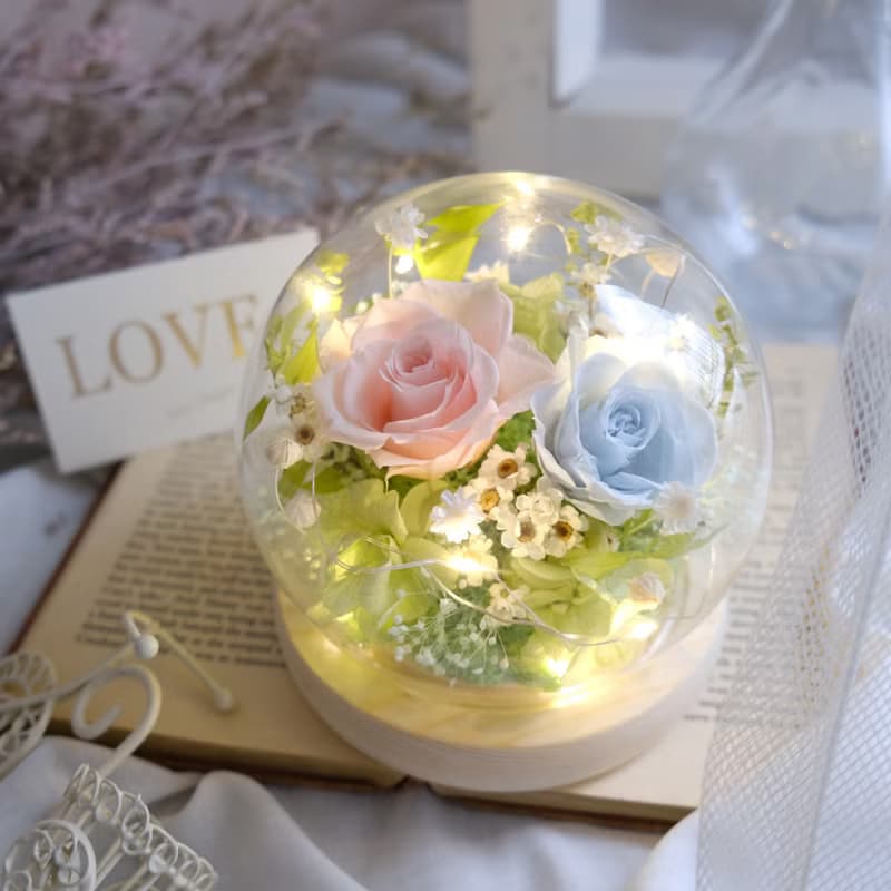 玻璃鐘罩/永生花夜燈/乾燥花/不凋花/粉紅色/粉藍/春天/生日