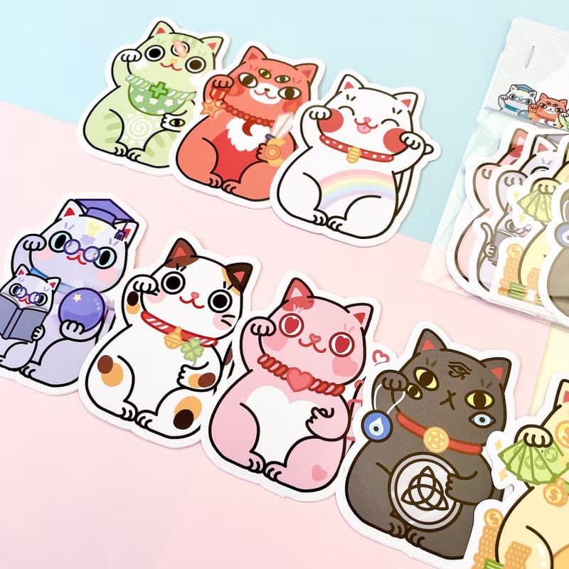 Maneki Neko Sticker Pack | Set of 8 waterproof, fortune cat stickers