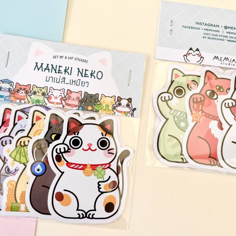 Maneki Neko Sticker Pack | Set of 8 waterproof, fortune cat stickers