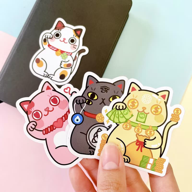 Maneki Neko Sticker Pack | Set of 8 waterproof, fortune cat stickers
