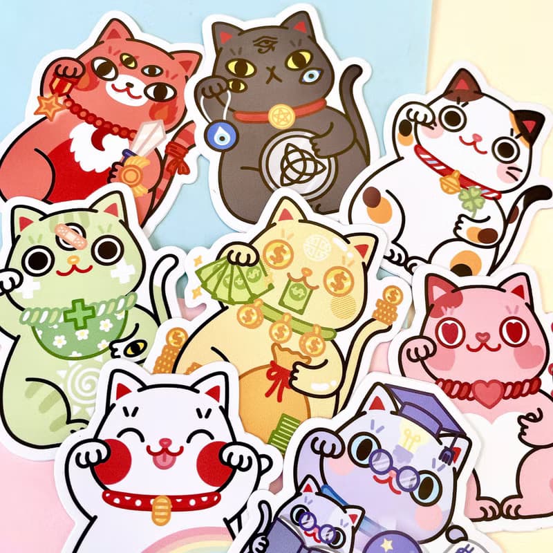 Maneki Neko Sticker Pack | Set of 8 waterproof, fortune cat stickers