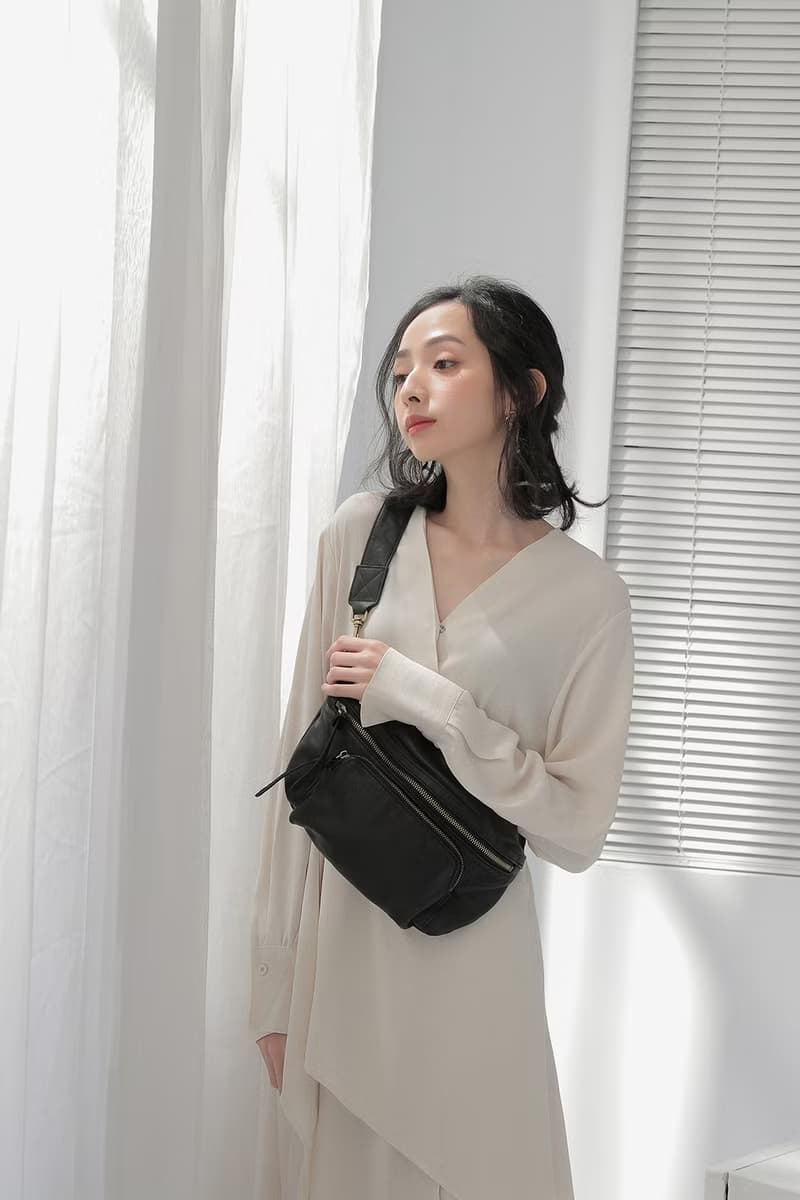 率性金屬真皮腰包個性側背包黑