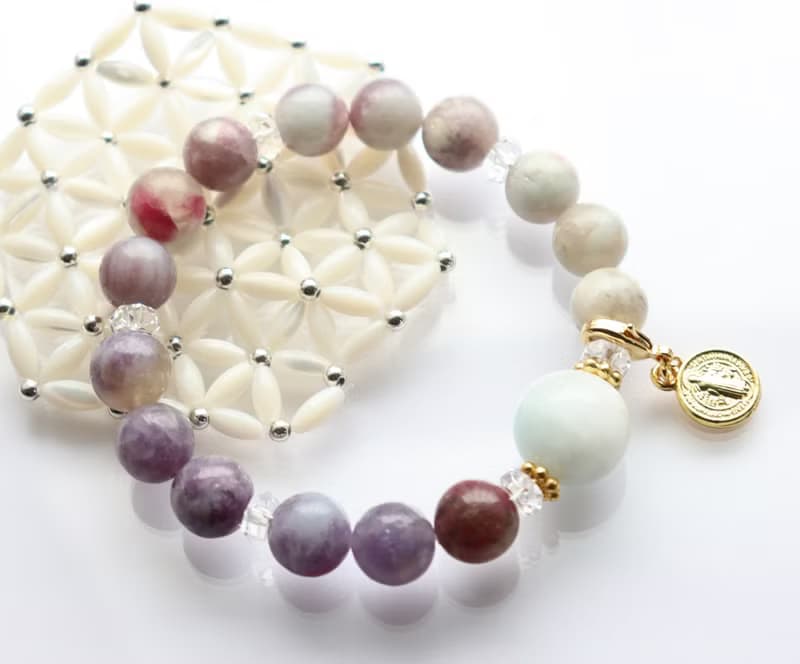 大顆白拉里瑪與粉紅碧璽天然石手鍊　能量石手鍊