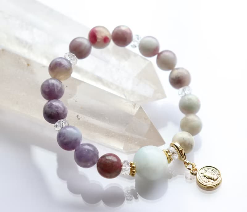 大顆白拉里瑪與粉紅碧璽天然石手鍊　能量石手鍊