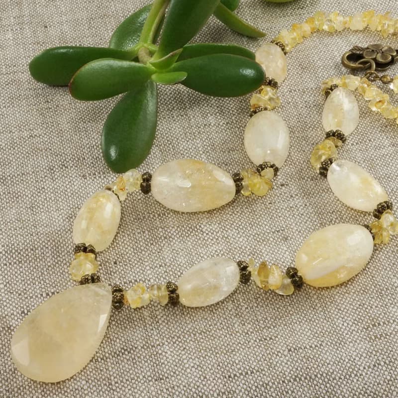 Yellow Citrine Lemon Quartz Teardrop Large Beaded Gemstone Necklace Jewelry Gift