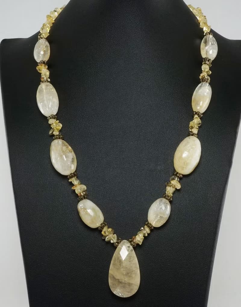 Yellow Citrine Lemon Quartz Teardrop Large Beaded Gemstone Necklace Jewelry Gift