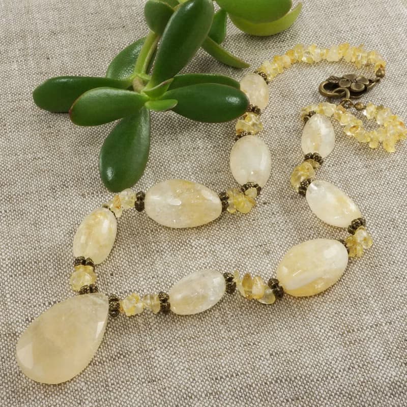 Yellow Citrine Lemon Quartz Teardrop Large Beaded Gemstone Necklace Jewelry Gift