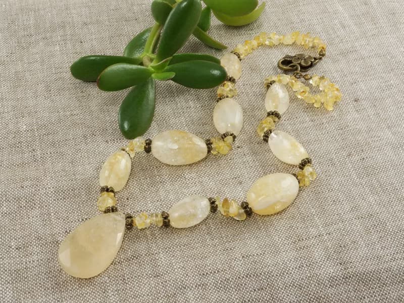 Yellow Citrine Lemon Quartz Teardrop Large Beaded Gemstone Necklace Jewelry Gift