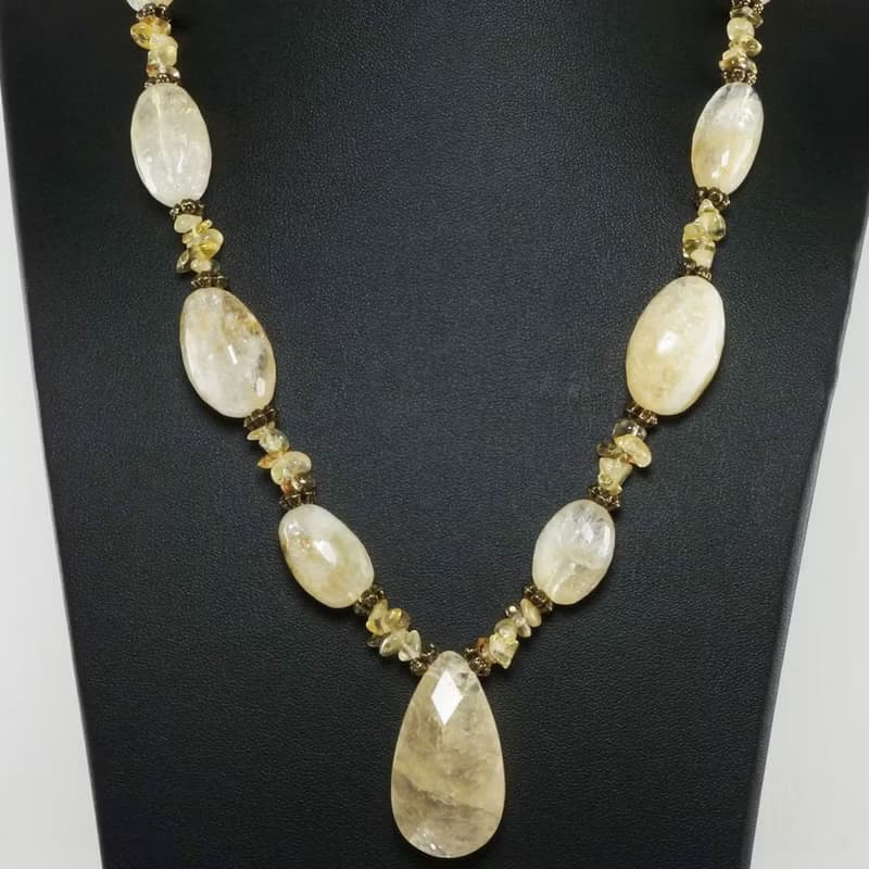 Yellow Citrine Lemon Quartz Teardrop Large Beaded Gemstone Necklace Jewelry Gift