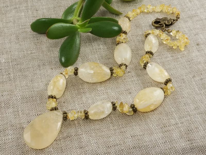 Yellow Citrine Lemon Quartz Teardrop Large Beaded Gemstone Necklace Jewelry Gift