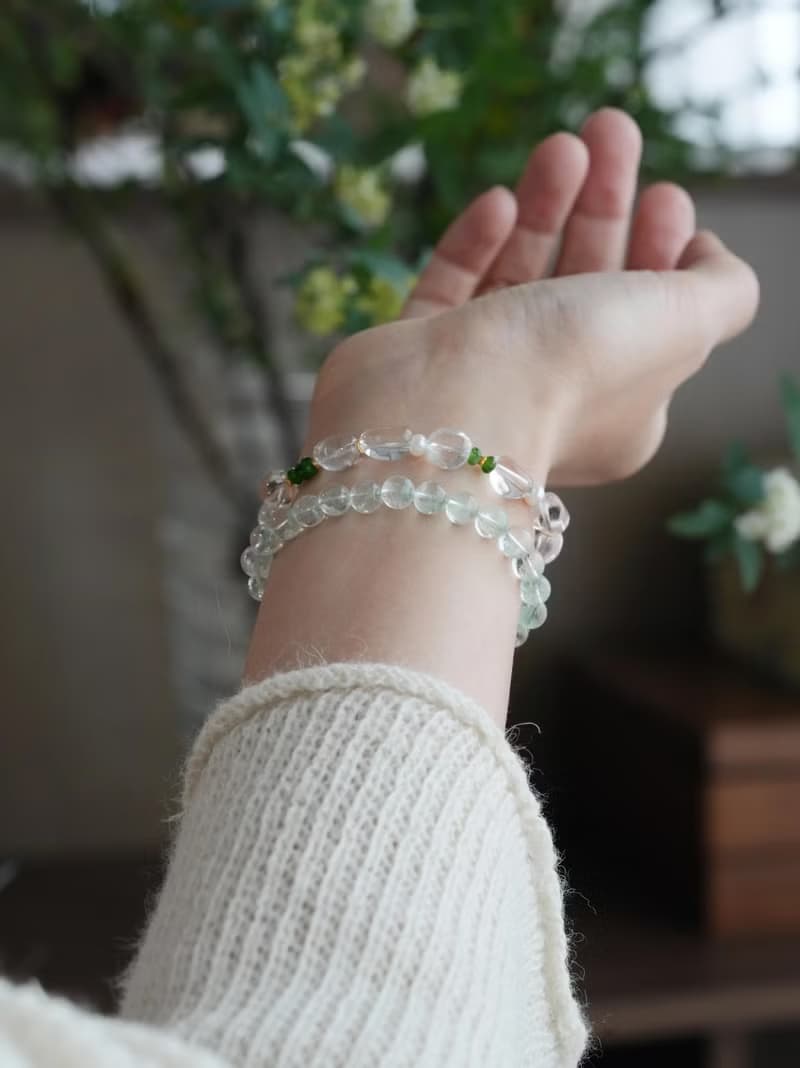 原創手工春芽拂曉天然白水晶植物系天然珍珠純銀手鏈手串生日禮物