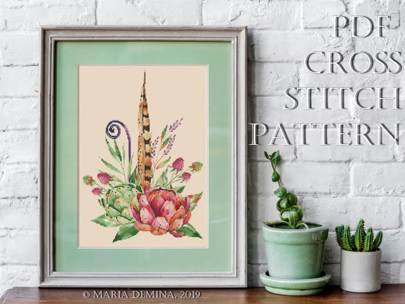 【數位】Raspberry & Artichoke Bouquet III - watercolor PDF cross stitch pattern