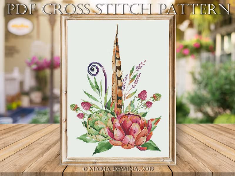 【數位】Raspberry & Artichoke Bouquet III - watercolor PDF cross stitch pattern