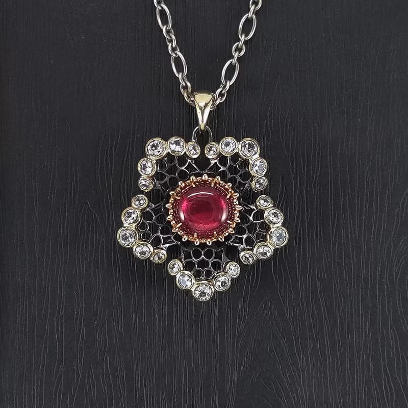 星之花 | 鏤空蕾絲宮廷風格吊墜 - 粉紅碧璽.14K金.S925銀