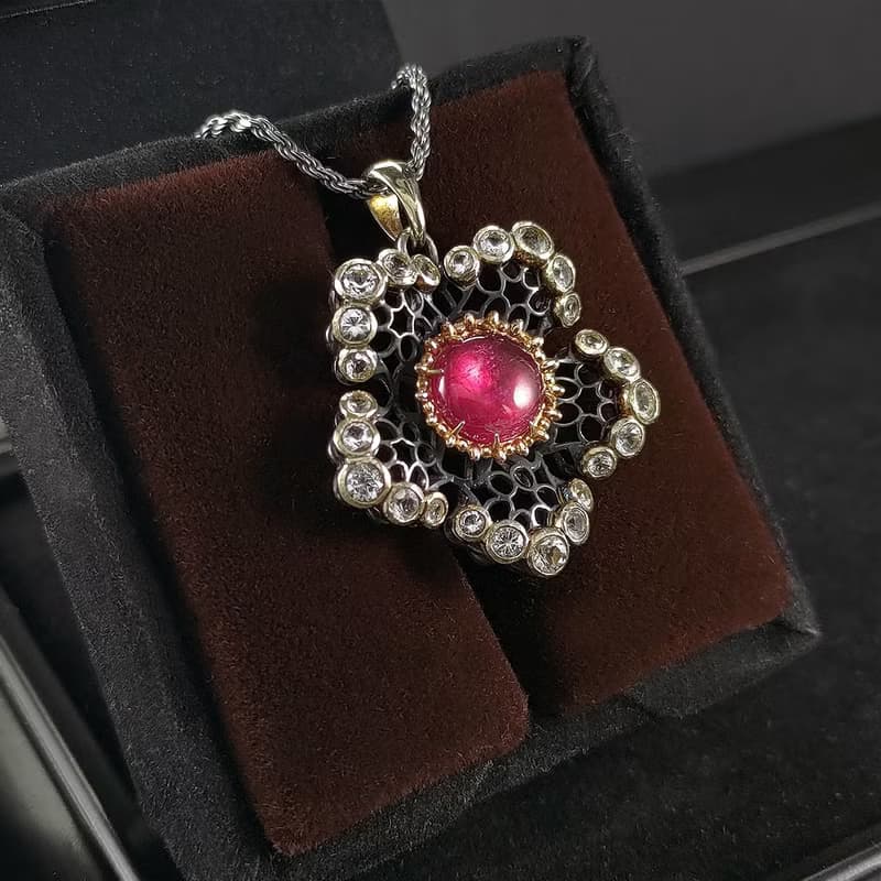 星之花 | 鏤空蕾絲宮廷風格吊墜 - 粉紅碧璽.14K金.S925銀