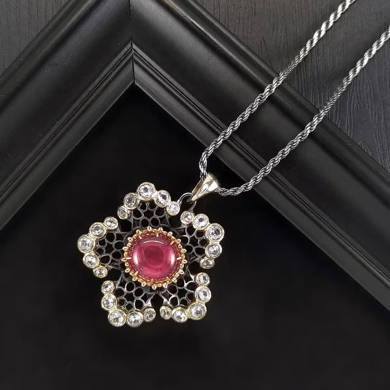 星之花 | 鏤空蕾絲宮廷風格吊墜 - 粉紅碧璽.14K金.S925銀