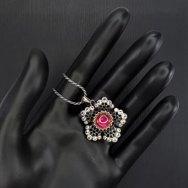 星之花 | 鏤空蕾絲宮廷風格吊墜 - 粉紅碧璽.14K金.S925銀