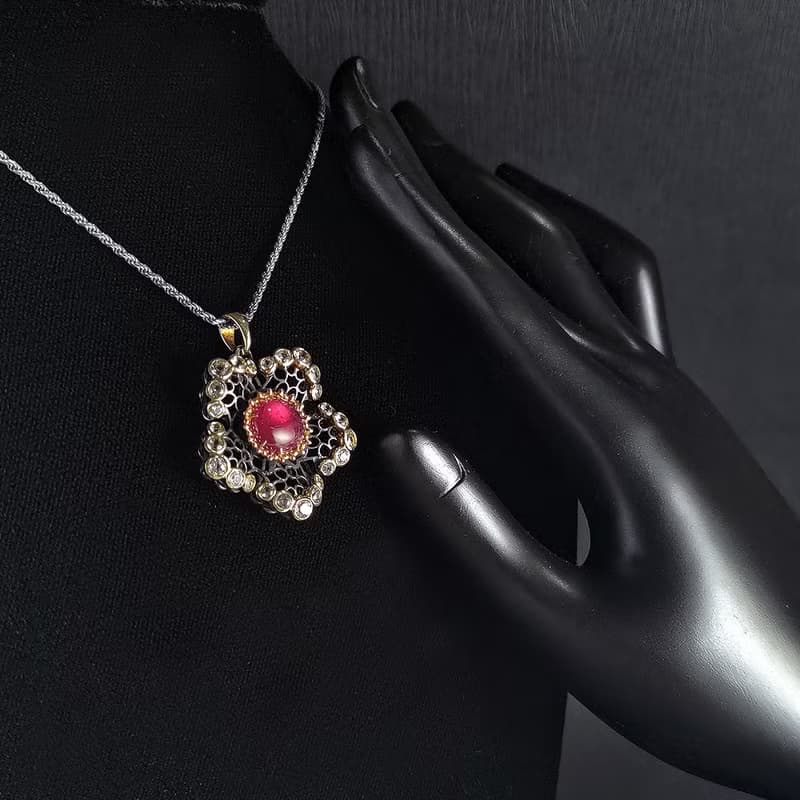 星之花 | 鏤空蕾絲宮廷風格吊墜 - 粉紅碧璽.14K金.S925銀