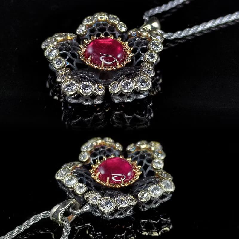 星之花 | 鏤空蕾絲宮廷風格吊墜 - 粉紅碧璽.14K金.S925銀