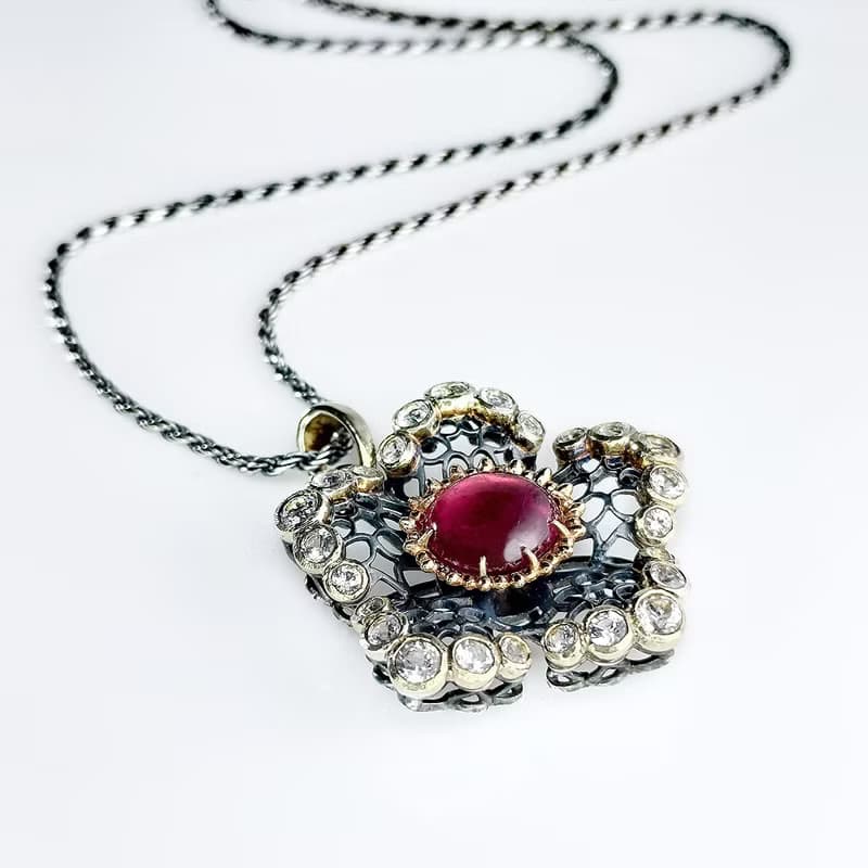 星之花 | 鏤空蕾絲宮廷風格吊墜 - 粉紅碧璽.14K金.S925銀