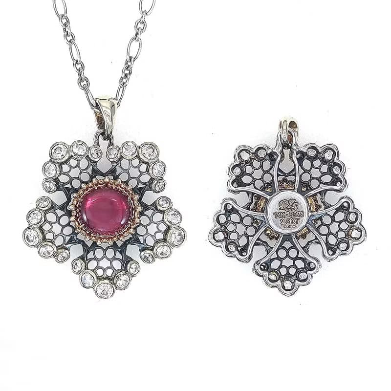 星之花 | 鏤空蕾絲宮廷風格吊墜 - 粉紅碧璽.14K金.S925銀