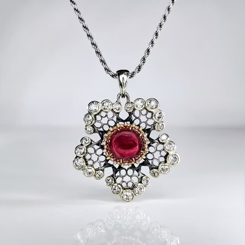 星之花 | 鏤空蕾絲宮廷風格吊墜 - 粉紅碧璽.14K金.S925銀