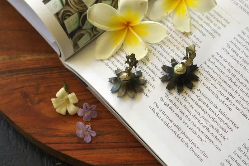 古董摩登復古vintage萊茵塑料花夾式耳環 日本 c105