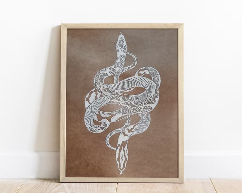 Boho white antique snake art Original linocut print artwork Housewarming gift