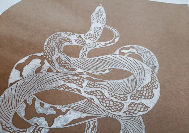Boho white antique snake art Original linocut print artwork Housewarming gift
