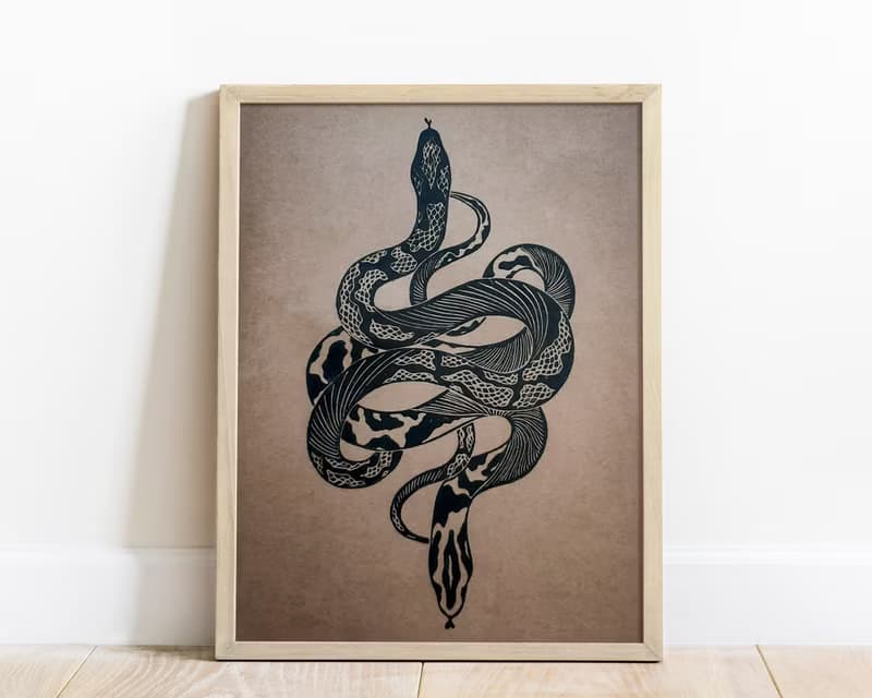 Boho white antique snake art Original linocut print artwork Housewarming gift