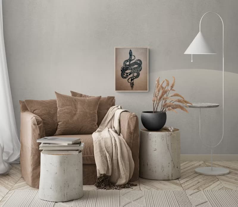 Boho white antique snake art Original linocut print artwork Housewarming gift