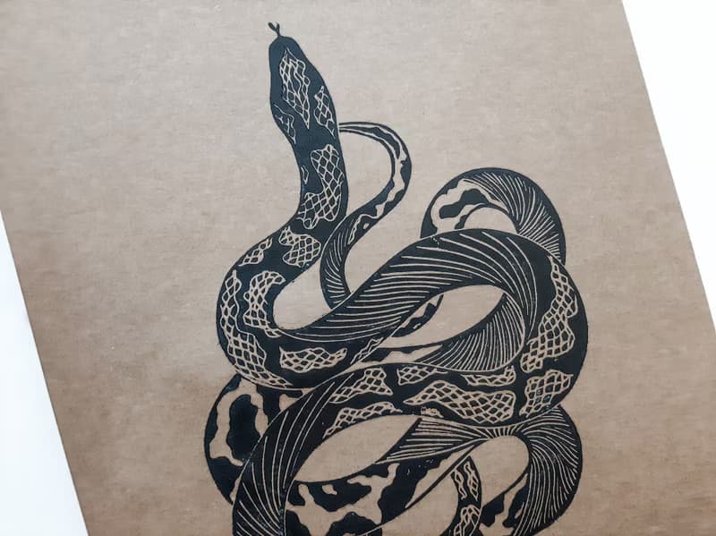 Boho white antique snake art Original linocut print artwork Housewarming gift