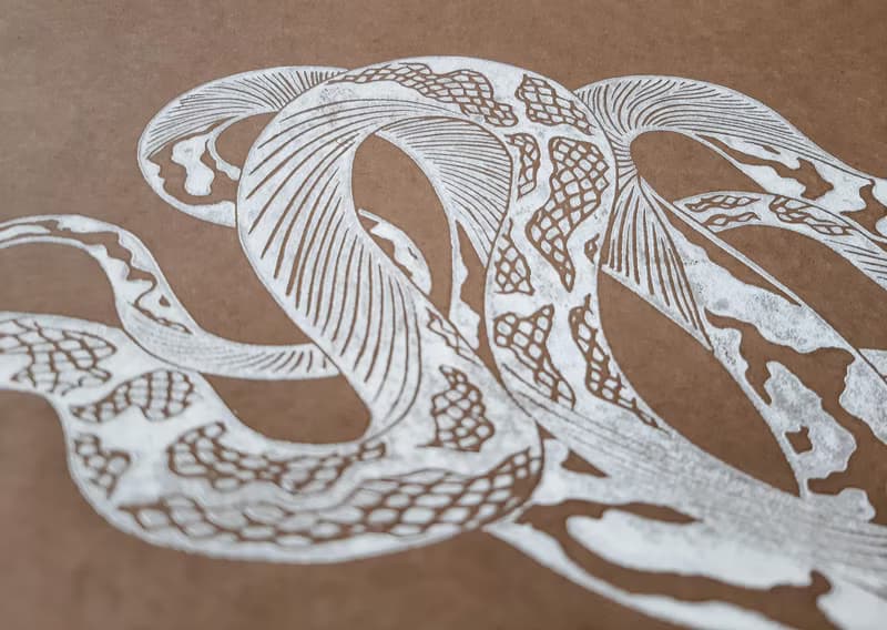Boho white antique snake art Original linocut print artwork Housewarming gift