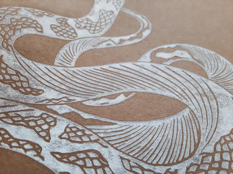 Boho white antique snake art Original linocut print artwork Housewarming gift