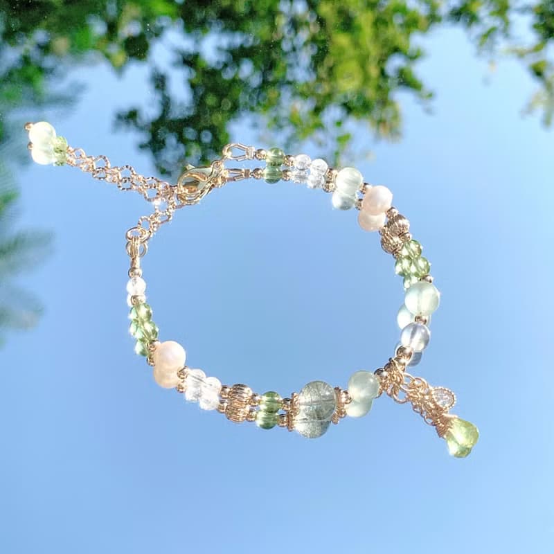 綠幽靈 葡萄石 橄欖石 月光石 天然淡水珍珠 14K包金手鍊