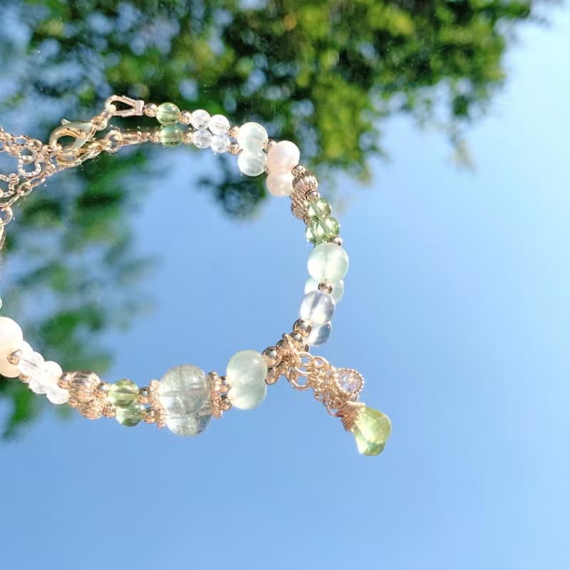 綠幽靈 葡萄石 橄欖石 月光石 天然淡水珍珠 14K包金手鍊
