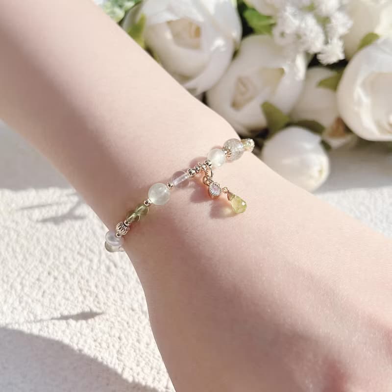 綠幽靈 葡萄石 橄欖石 月光石 天然淡水珍珠 14K包金手鍊