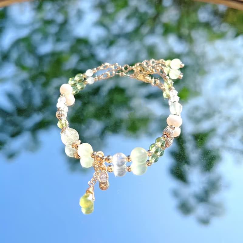 綠幽靈 葡萄石 橄欖石 月光石 天然淡水珍珠 14K包金手鍊