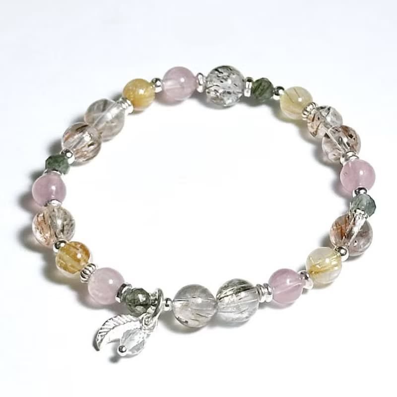 春神降臨-黑金超七水晶.鈦晶.綠髮晶.粉晶設計手鍊