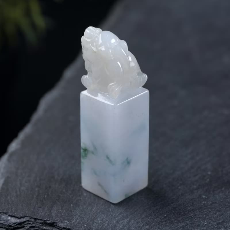 【招財神獸】冰種飄花翡翠貔貅玉印章 | 天然緬甸翡翠A貨 | 送禮