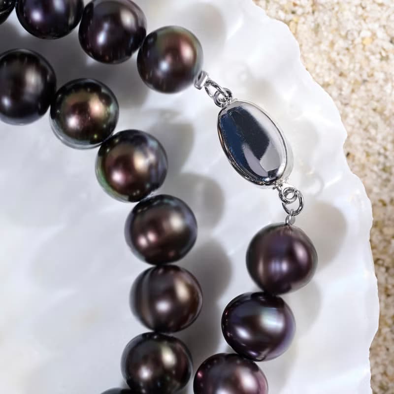 天然炫彩黑色淡水珍珠項鍊 8–9mm 銀色元寶扣 流光溢彩 生日禮物