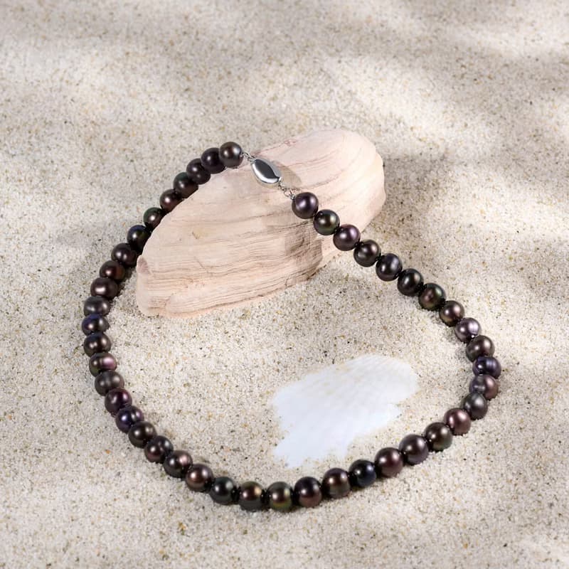 天然炫彩黑色淡水珍珠項鍊 8–9mm 銀色元寶扣 流光溢彩 生日禮物