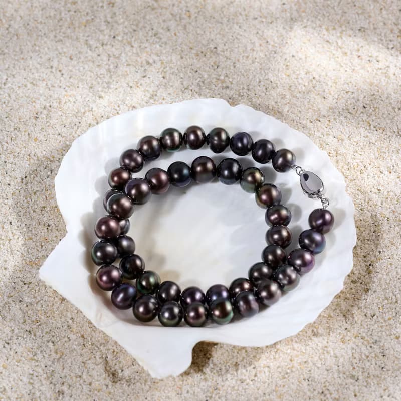 天然炫彩黑色淡水珍珠項鍊 8–9mm 銀色元寶扣 流光溢彩 生日禮物