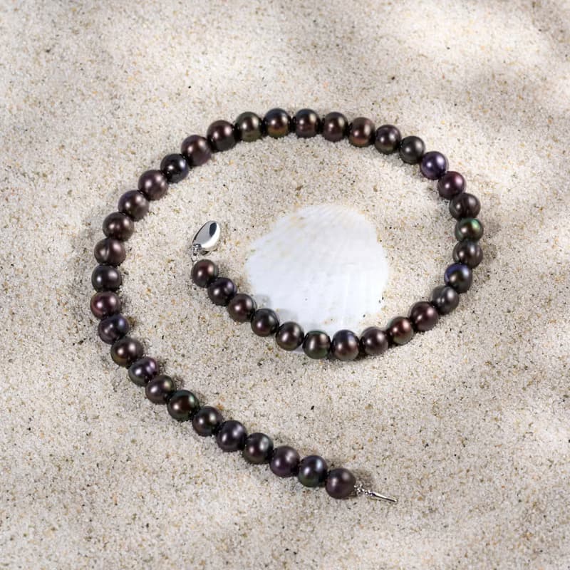 天然炫彩黑色淡水珍珠項鍊 8–9mm 銀色元寶扣 流光溢彩 生日禮物